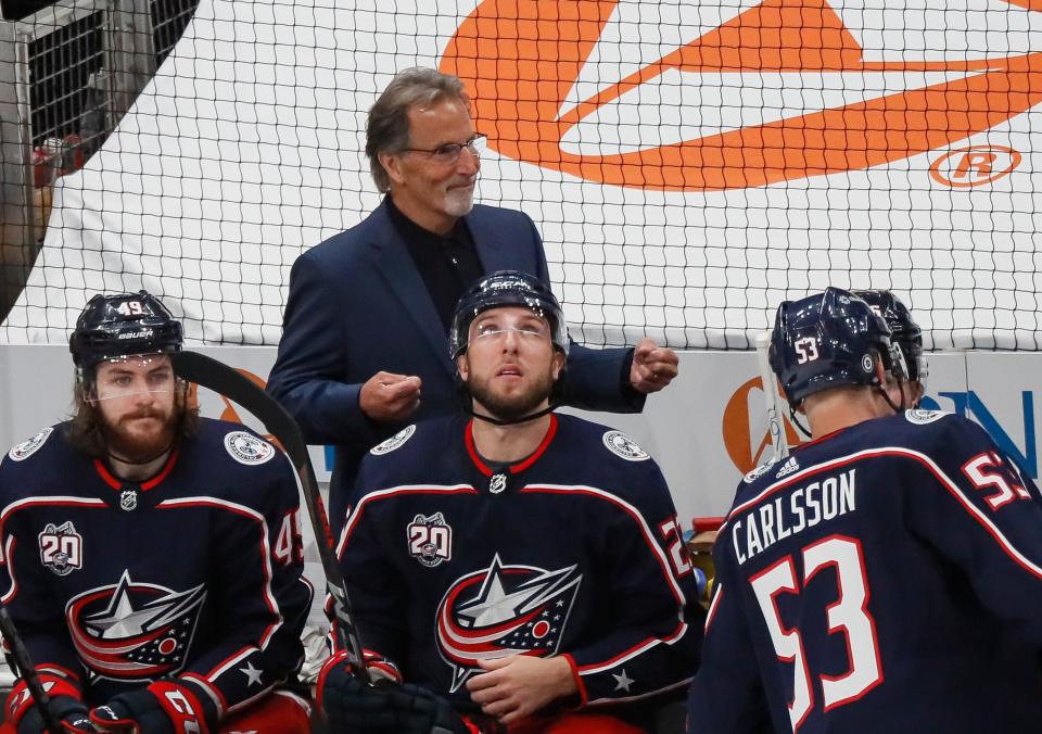 Columbus Blue Jackets head coach John Tortorella walks onto the bench for the second period of the NHL hockey game against the Detroit Red Wings in Columbus on Saturday, May 8, 2021. 