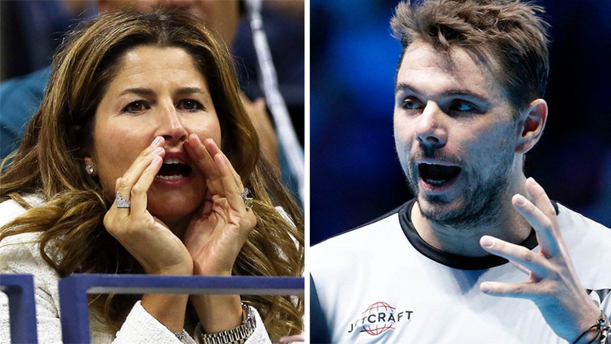 Stan Wawrinka (pictured right) becoming frustrated and (pictured left) Mirka Federer yelling support.