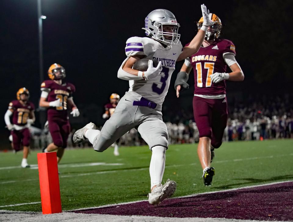 Bloomington South’s Lucas Waldon (3) runs a catch in for a touchdown during the IHSAA sectional semi-final football game at Bloomington North on Friday, Oct. 27, 2023.