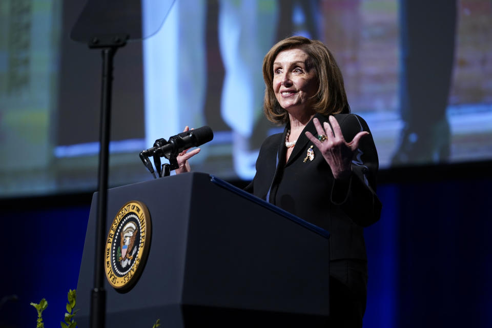 House Speaker Nancy Pelosi of Calif., speaks during a memorial service for former Senate Majority Leader Harry Reid at the Smith Center in Las Vegas, Saturday, Jan. 8, 2022. (AP Photo/Susan Walsh)