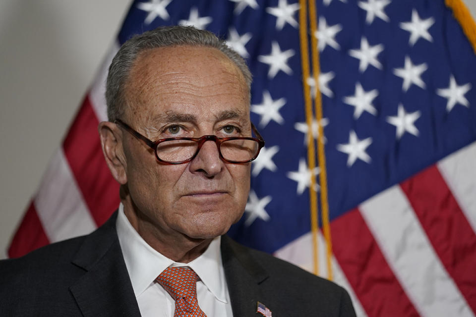 Senate Majority Leader Chuck Schumer of N.Y., talks with reporters on Capitol Hill in Washington, Tuesday, June 8, 2021.