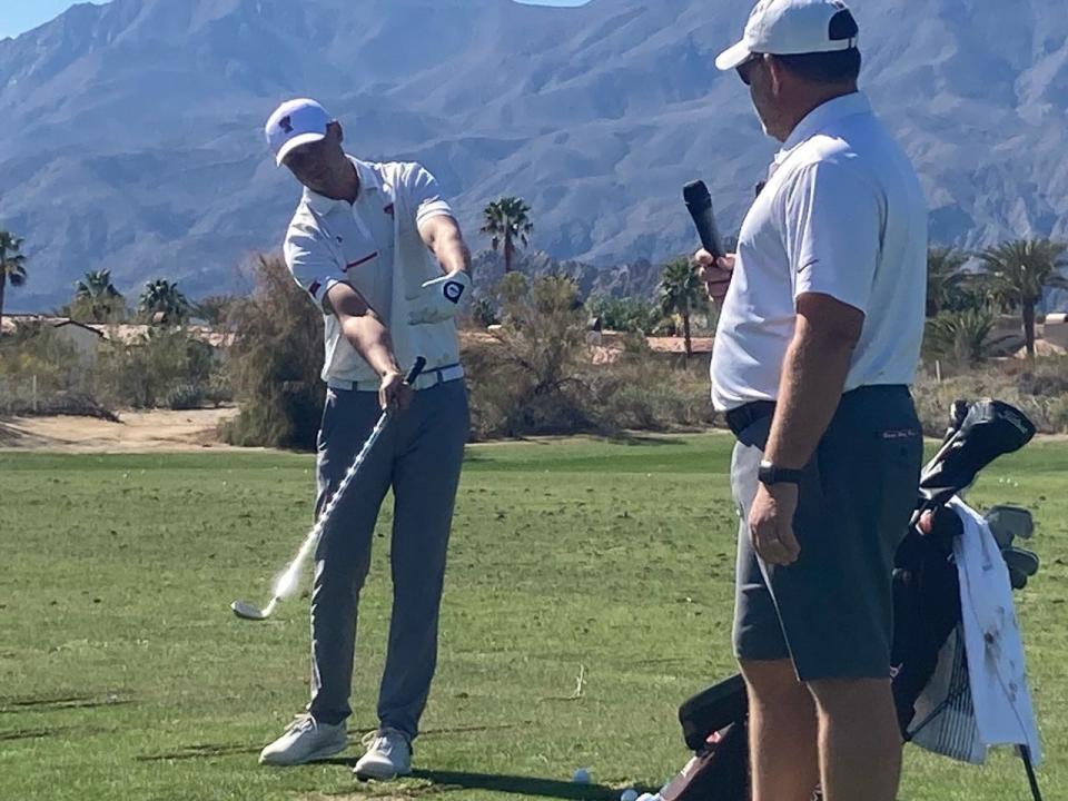 Ludvig Aberg, the No.. 1 player in the world amateurs and a player at Texas Tech, demonstrates some swing ideas with Stanford head coach Conrad Ray at a junior clinic Sunday for the Prestige college golf tournament in La Quinta.