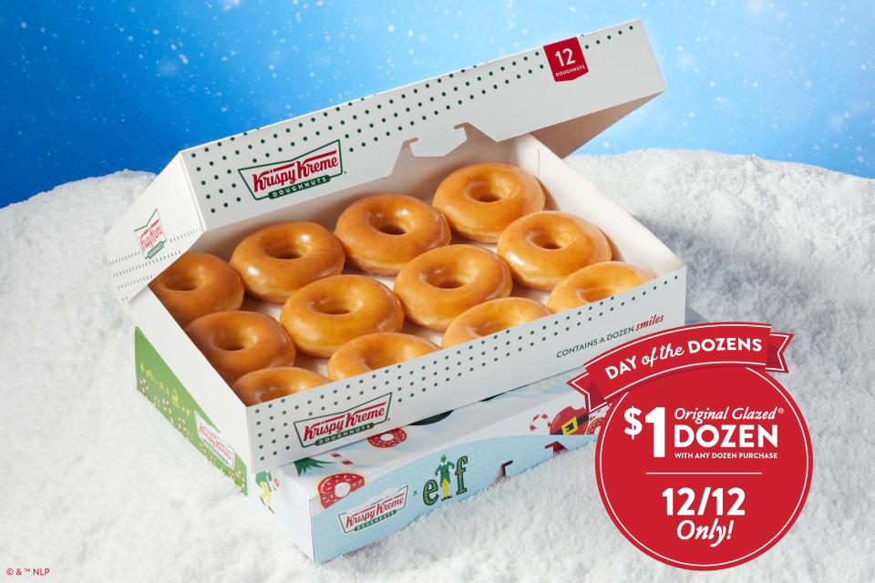 Krispy Kreme's annual “Day of the Dozens” returns Tuesday, Dec. 12, offering guests one dozen original glazed doughnuts for $1 with the purchase of any dozen or a 16-count of minis at regular price.