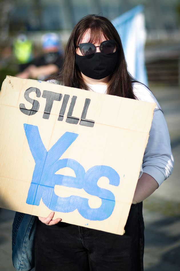 A member of the public during an IndyRef2 rally outside the headquarters of BBC Scotland last year (Photo: NurPhoto via Getty Images)