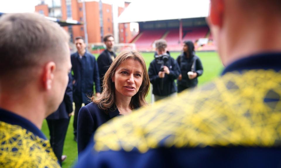 <span>Lucy Frazer, secretary of state for culture, media and sport, at Leyton Orient’s Brisbane Road on Tuesday.</span><span>Photograph: Victoria Jones/PA</span>