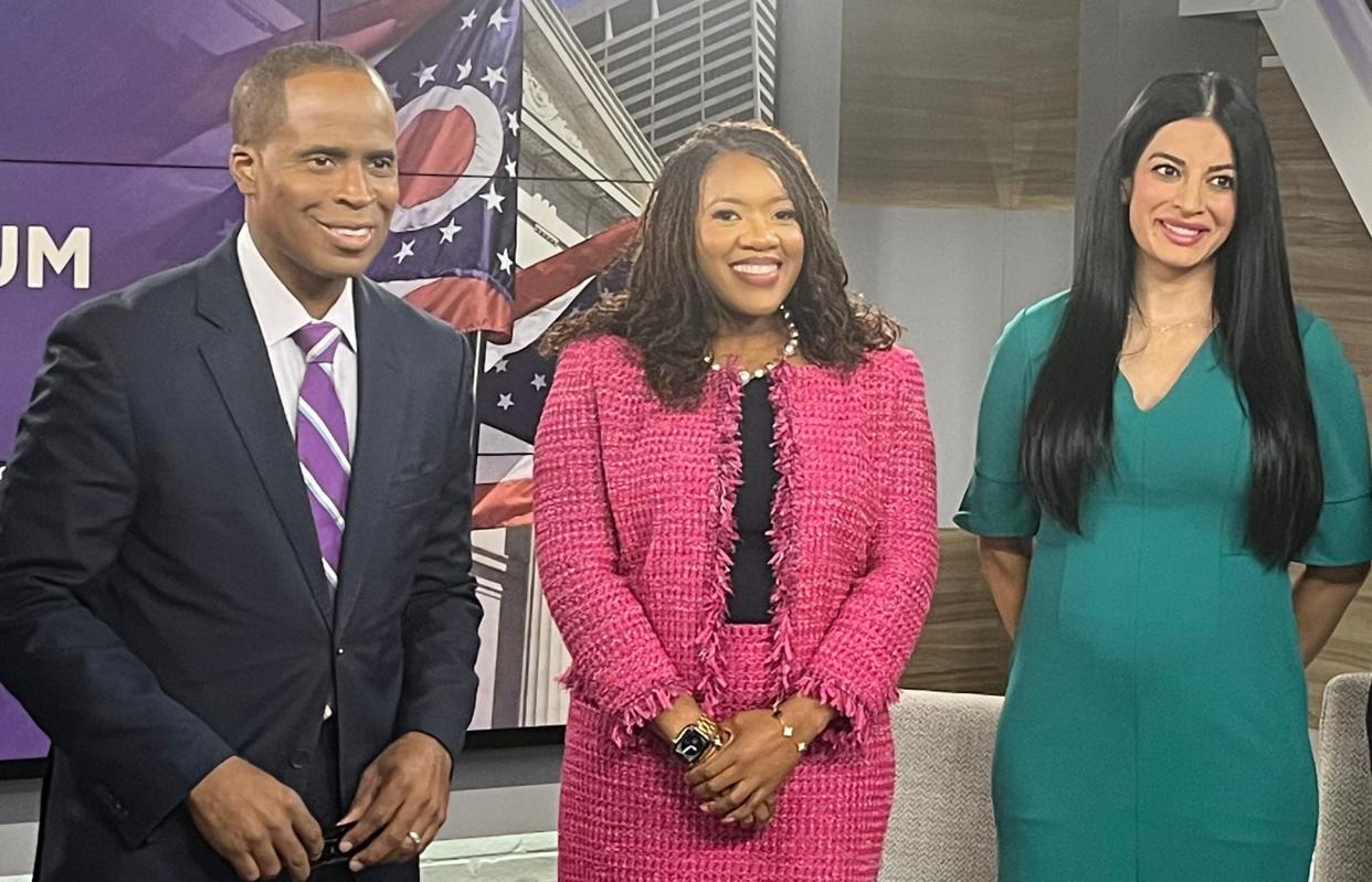 Spectrum News anchor Curtis Jackson moderated Ohio Decides: Issue 1 Forum on the reproductive rights amendment on the November ballot. Participants included Issue 1 supporter Desiree Tims (center), president and CEO of Innovation Ohio, and Issue 1 opponent Mehek Cooke, spokeswoman for Protect Women Ohio and an attorney.