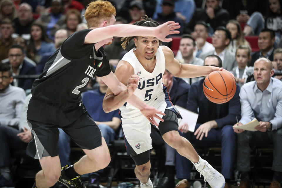 FILE - In this April 12, 2019, file photo, Cole Anthony had a team-best 25 points and eight rebounds to help the USA beat the World 93-87 at the Nike Hoop Summit, in Portland, Oregon. North Carolina freshman guard Cole Anthony is expected to play a major role for the Tar Heels at the point.(Serena Morones/The Oregonian via AP, File)