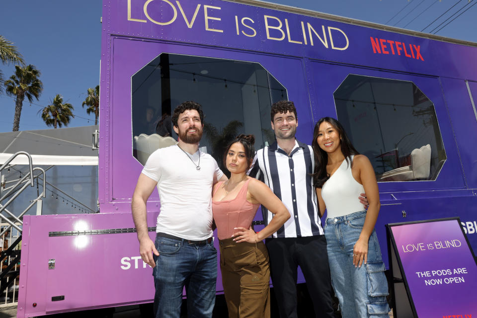 VENICE, CALIFORNIA - APRIL 15: (L-R) Zack Goytowski, Nancy Rodriguez, Paul Peden and Natalie Lee attend the Love Is Blind cast celebration of Netflix's First Live Reunion with The Iconic Pods at The Brig on April 15, 2023 in Venice, California. (Photo by Roger Kisby/Getty Images for Netflix)