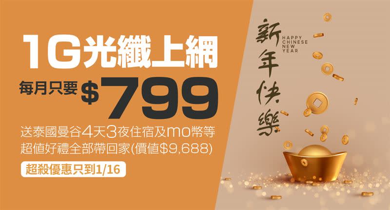 凱擘大寬頻推出新年優惠，1G光纖上網限時月付799元，還送泰國住宿券、momo幣等多項好禮。（圖／品牌業者提供）