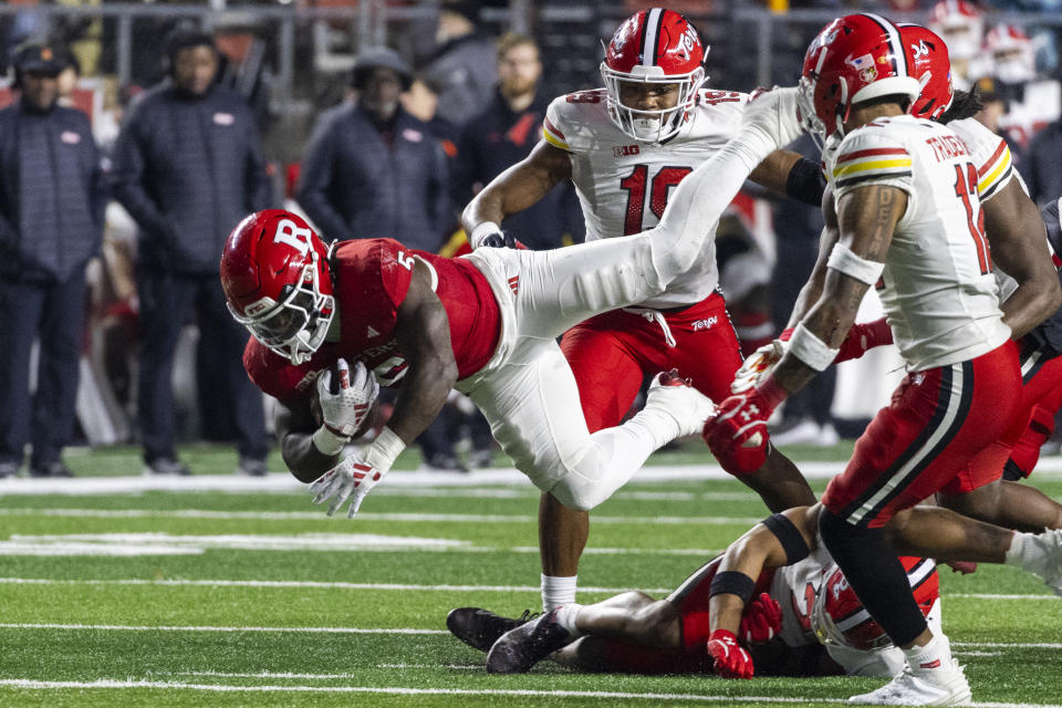 Rutgers running back Kyle Monangai gains yards in the second half of an NCAA college football game against Maryland, Saturday, Nov. 25, 2023, in Piscataway, N.J. (AP Photo/Corey Sipkin)
