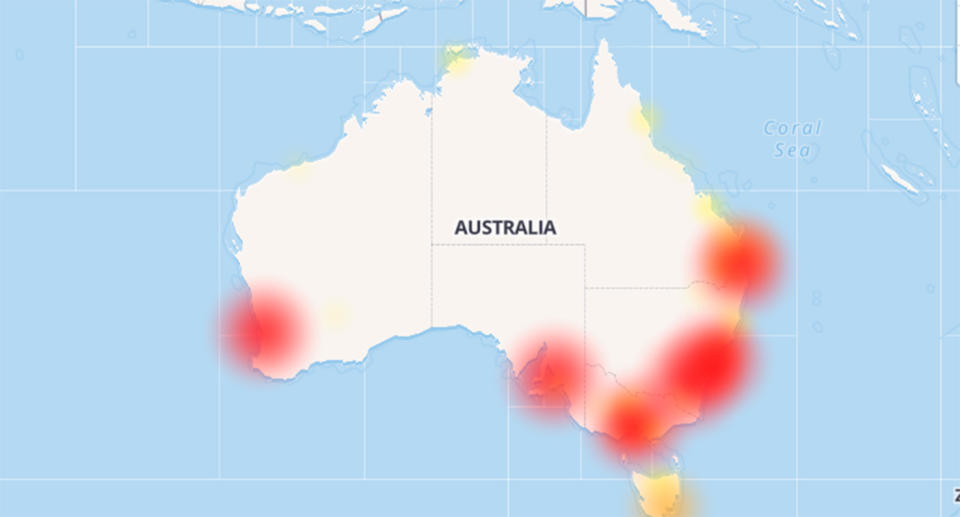 The network outage has been felt across the nation. Source: Open Street Map Contributors / aussieoutages.com