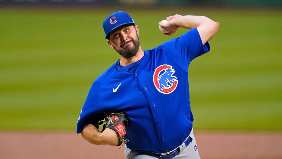 Chicago Cubs starting pitcher Wade Miley delivers during the first inning of the team's baseball game against the Pittsburgh Pirates in Pittsburgh, Saturday, Sept. 24, 2022. (AP Photo/Gene J. Puskar)