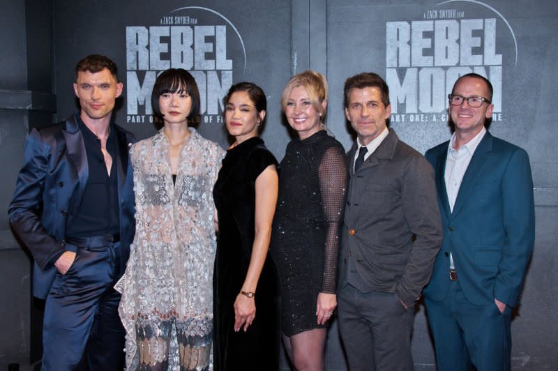 Ed Skrein, Bae Doona, Sofia Boutella, Deborah Snyder, Zack Snyder and Wesley Coller, from left to right, attend the Tokyo premiere of "Rebel Moon - Part One: A Child of Fire" in 2023. File Photo by Keizo Mori/UPI