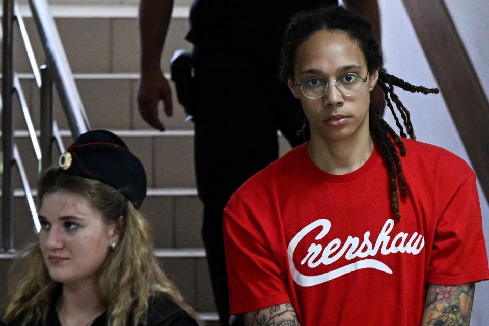 Brittney Griner arrives to a hearing at the Khimki Court, outside Moscow on July 7;.