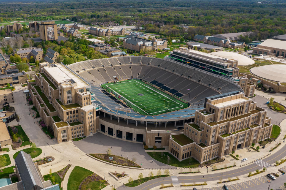 SOUTH BEND, INDIANA - MAY 01: Aerial view of Notre Dame Stadium from a drone prior to the Blue-Gold Spring Game at Notre Dame Stadium on May 01, 2021 in South Bend, Indiana. (Photo by Quinn Harris/Getty Images)