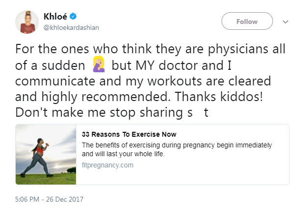 Khloe took to her Twitter to clap back at the online critics. Source: Twitter