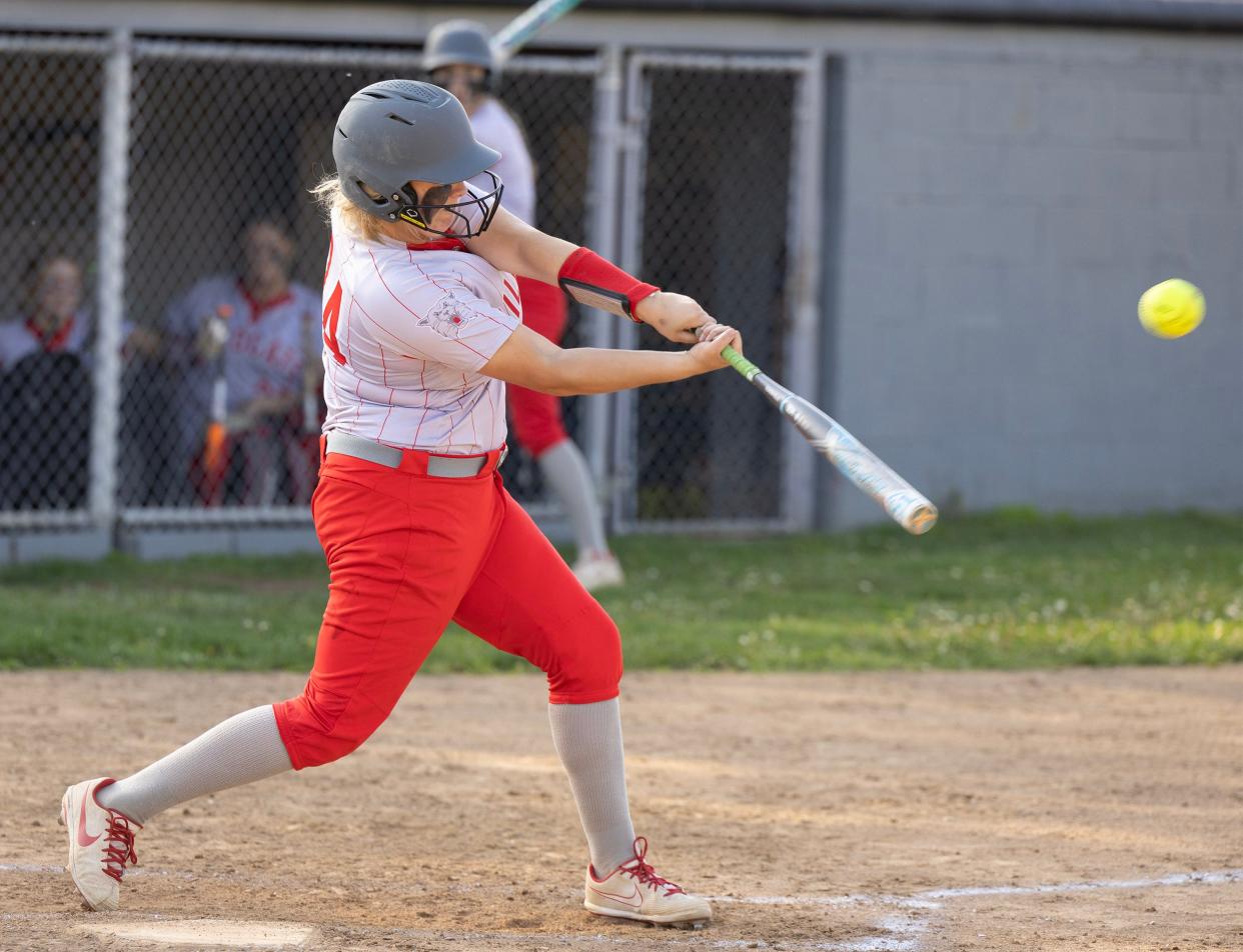 Canton South's Evelyn Lynn hits an over the fence home run in the third inning against Mentor Lake Catholic at Canton South Tuesday, May 10, 2023.