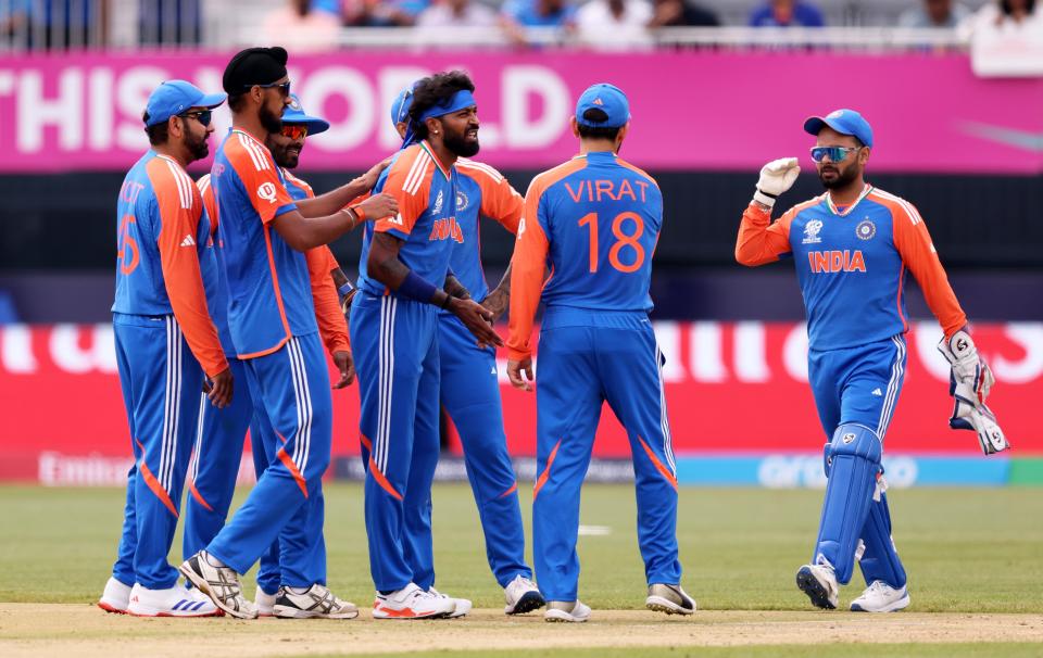 Hardik Pandya of India celebrates the wicket of Lorcan Tucker of Ireland during the ICC Men's T20 Cricket World Cup West Indies & USA 2024 match between India and Ireland at Nassau County International Cricket Stadium on June 05, 2024 in New York, New York.