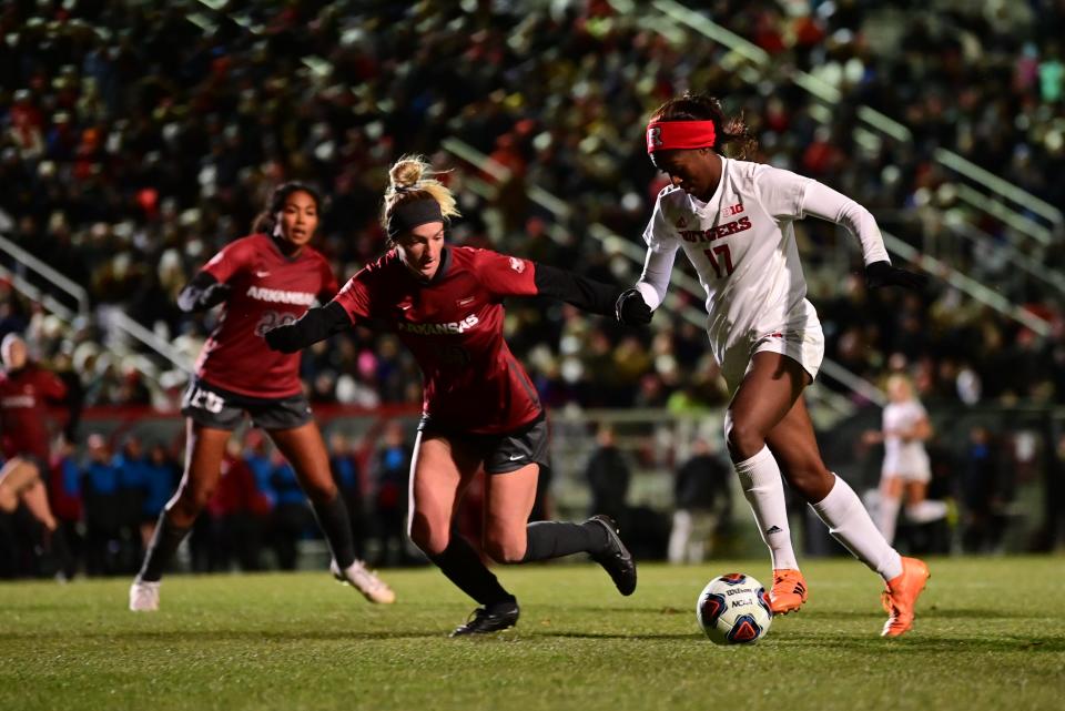 Rutgers' senior Amirah Ali dribbles past an Arkansas player in the NCAA Division I Women's Soccer Tournament during a quarterfinals match against the University of Arkansas at Yurcak Field in Piscataway on Fri., Nov. 26, 2021.