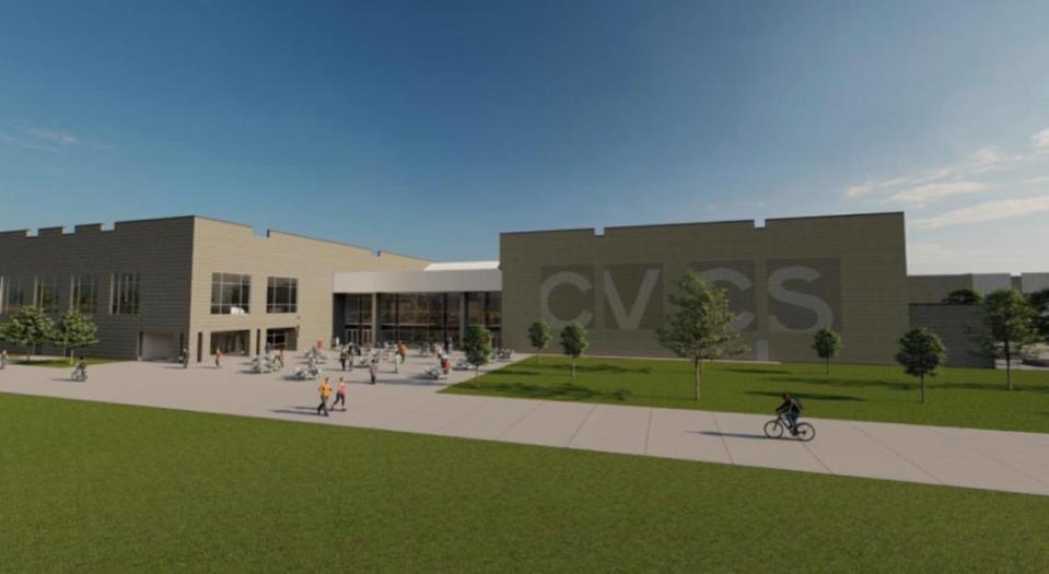 The north patio of the planned Cole Valley Christian Schools building in Meridian is shown in an architectural rendering.