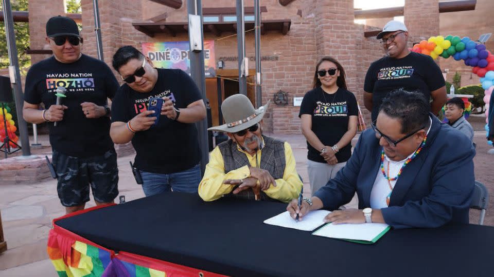 Navajo Nation Council Delegate Seth Damon, right, introduced legislation in June that would repeal the tribal nation's ban on same-sex marriages. - From Navajo Nation Council