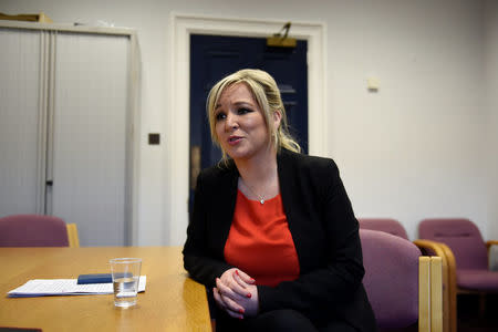 Sinn Fein's Michelle O'Neill speaks during an interview with Reuters at Parliament Buildings in Belfast, Northern Ireland January 25, 2017. REUTERS/Clodagh Kilcoyne