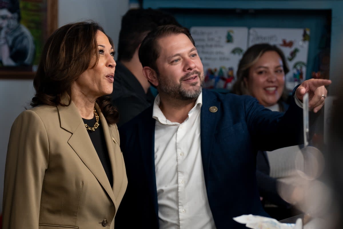 Vice President Kamala Harris visits a restaurant with Ruben Gallego, the Democratic nominee for Senate in Arizona. Gallego has been one of the outspoken critics of Democratic outreach to Latino voters (Getty Images)