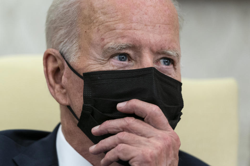 President Joe Biden listens to a question during a meeting with British Prime Minister Boris Johnson in the Oval Office of the White House, Tuesday, Sept. 21, 2021, in Washington. (AP Photo/Alex Brandon)