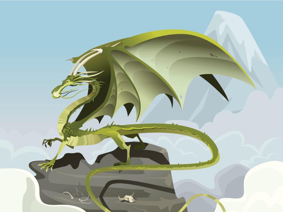 A green dragon perched on a mountain.