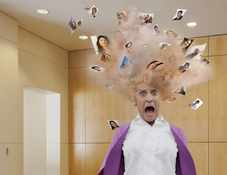 A woman's head exploding with pictures coming out