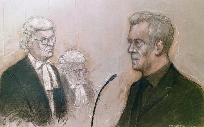 Court artist drawing of actor Stephen Tompkinson in the dock at Newcastle Crown Court - Elizabeth Cook/PA