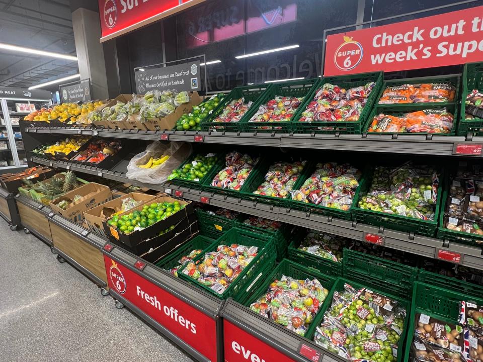 Fresh fruit on display at Aldi in the UK.