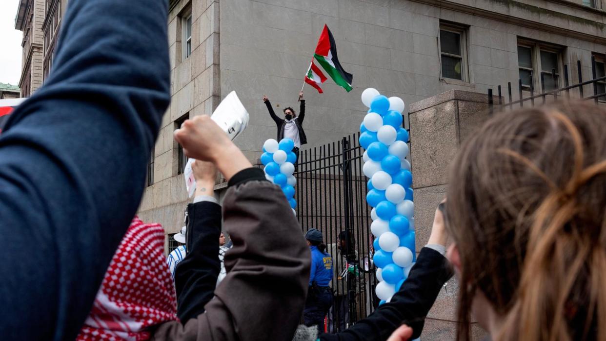 Pro-Palestinian demonstrators show their support for Columbia students at the locked gates of the University, April 21, 2024 in New York City, New York. (Photo by Andrew Lichtenstein/Corbis via Getty Images) (Andrew Lichtenstein/Corbis via Getty Images)