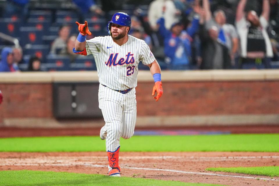 New York Mets right fielder DJ Stewart (29) reacts to hitting a three run home run against the Chicago Cubs during the sixth inning on April 30, 2024, at Citi Field.