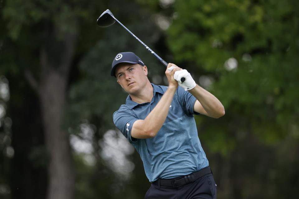 Jordan Spieth hits off the 12th tee during the third round of the Charles Schwab Challenge golf tournament at the Colonial Country Club in Fort Worth, Texas, Saturday May 29, 2021. (AP Photo/Ron Jenkins)