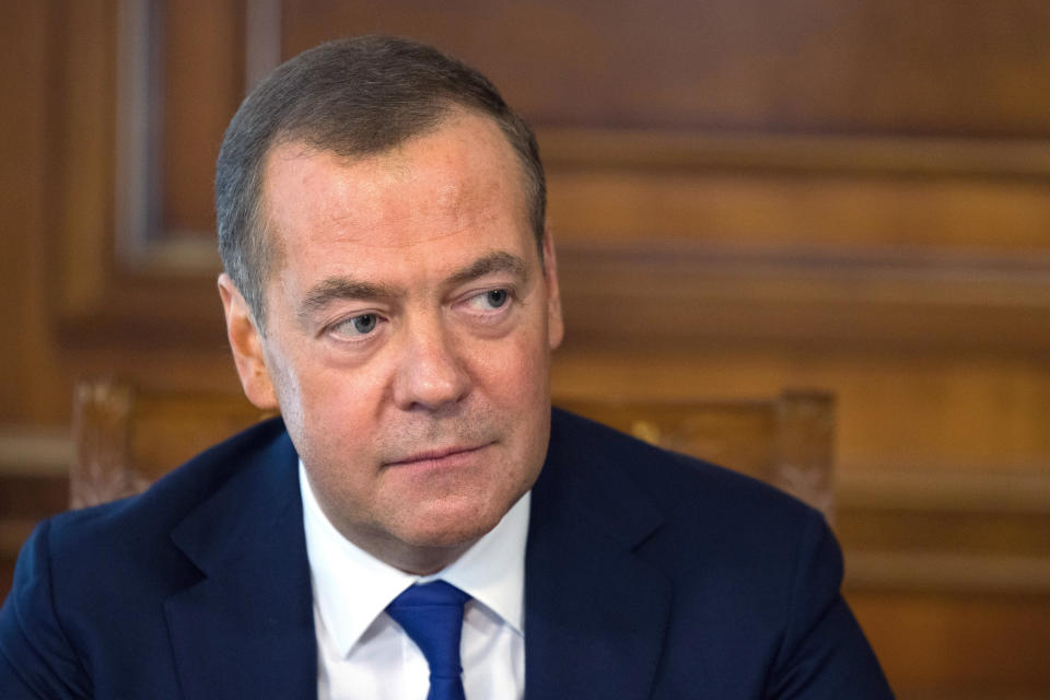 Russian Security Council Deputy Chairman and the head of the United Russia party Dmitry Medvedev speaks to the Russian media at the Gorki state residence, outside Moscow, Russia, Thursday, March 23, 2023. (Ekaterina Shtukina/Sputnik Pool Photo via AP)