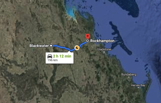 The nurse made the near 400km round trip to Blackwater in early May despite restrictions. Source: Google Maps