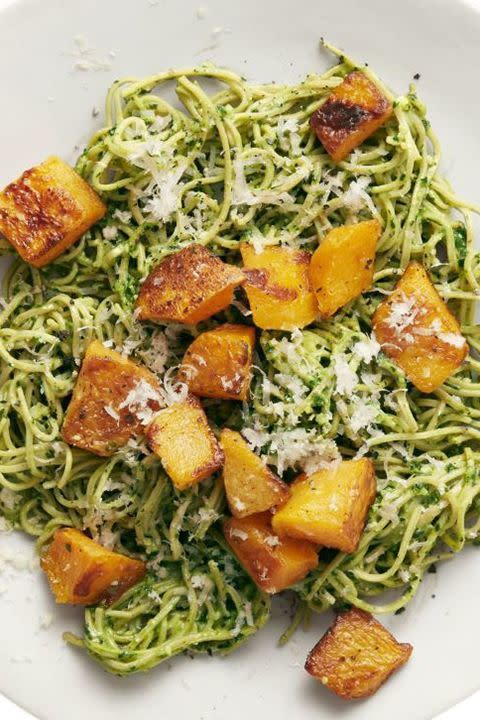 Soybean Pasta With Kale Pesto and Squash