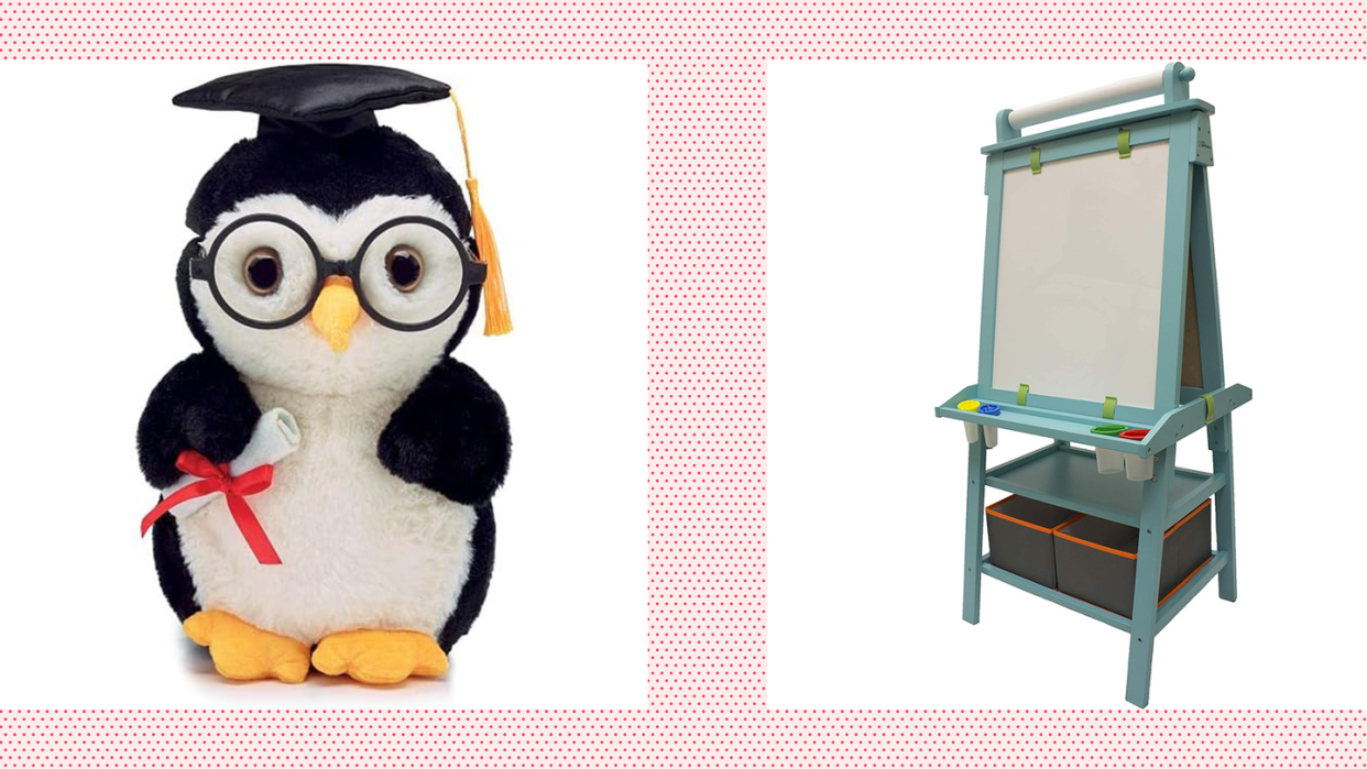 best preschool graduation gifts of 2024, a stuffed animal penguin with diploma and cap and a two sided art easel