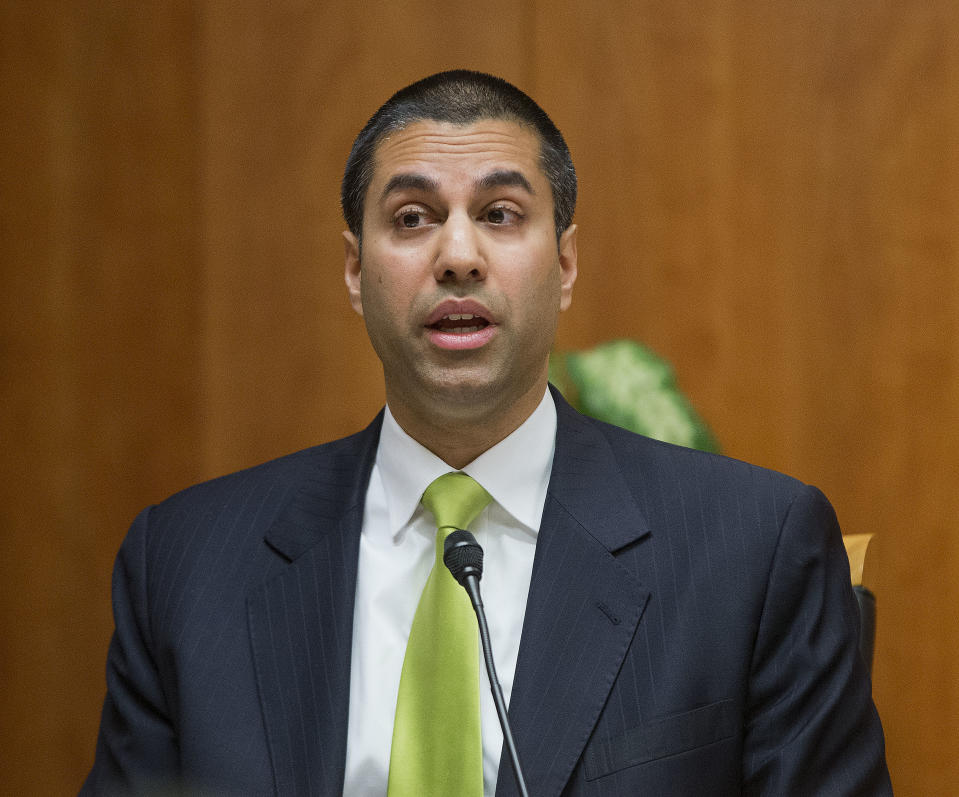 FILE – In this Feb. 26, 2015, file photo, Federal Communication Commission Commissioner Ajit Pai speaks during an open hearing and vote on “Net Neutrality” in Washington. (AP Photo/Pablo Martinez Monsivais, File)