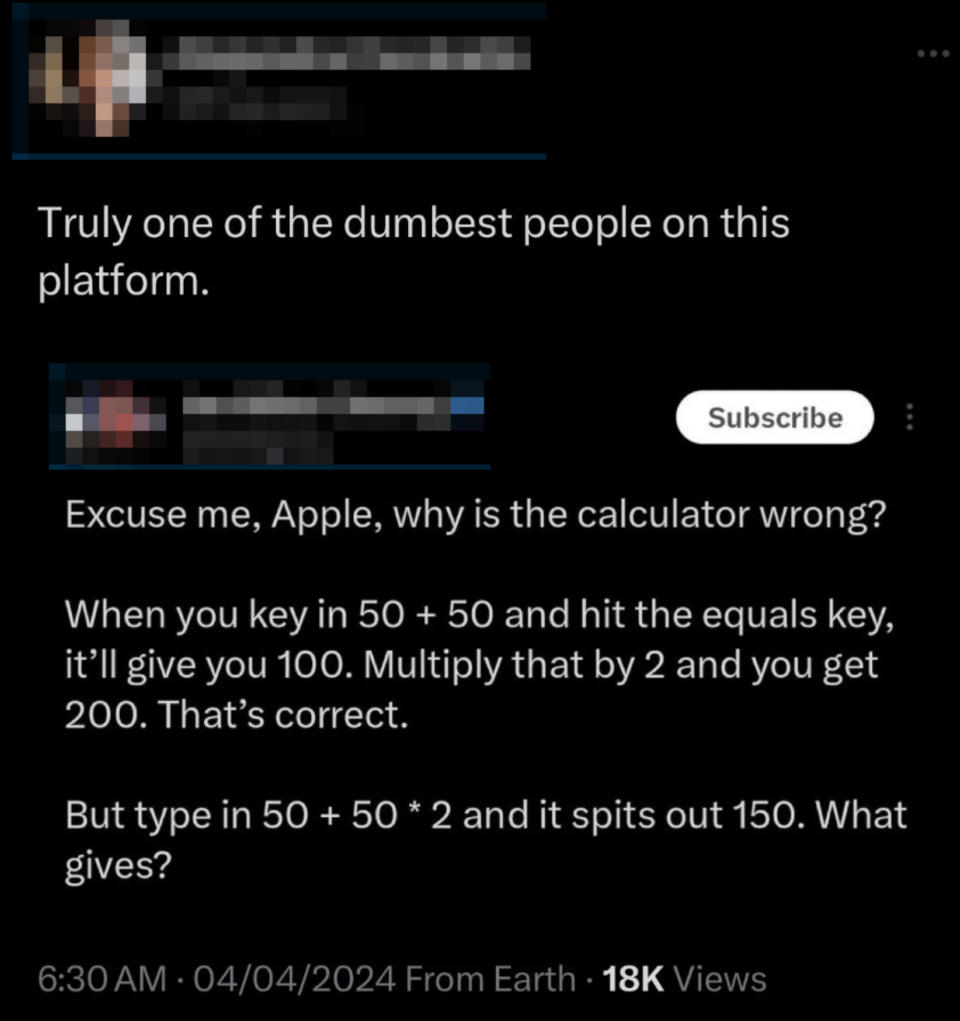 Tweet criticizing a misunderstanding of basic math, questioning a calculator's correctness with a flawed addition and multiplication example