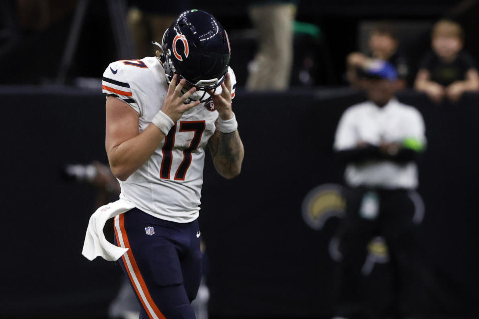 Chicago Bears quarterback Tyson Bagent (17) walks off the field after throwing an interception against the Saints last week. (AP Photo/Butch Dill)