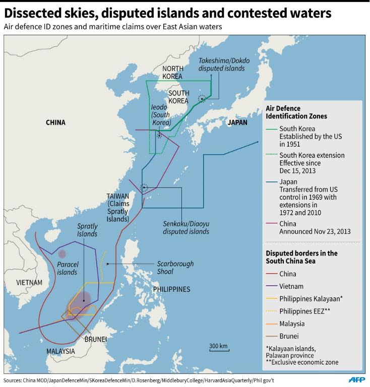 Map showing contested air defence ID zones, disputed islands and sea boundaries in East Asia