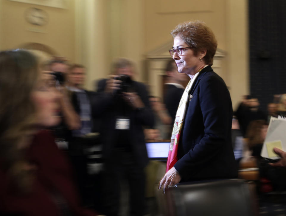 FILE - In this file photo dated Friday, Nov. 15, 2019, former U.S. Ambassador to Ukraine Marie Yovanovitch leaves after testifying to the House Intelligence Committee on Capitol Hill in Washington. Ukrainian police said Thursday Jan. 16, 2020, they have opened an investigation into the possibility that former ambassador Yovanovitch came under illegal surveillance before she was recalled from her post in US. (AP Photo/Andrew Harnik, FILE)