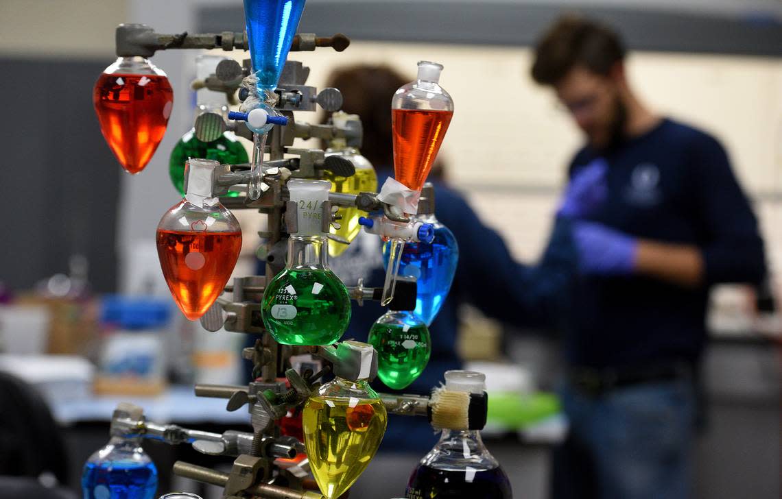 James Javeruski, staff chemist, works with curcumin in a lab at Mote Marine research facility in Sarasotaon Monday, March 21, 2023.