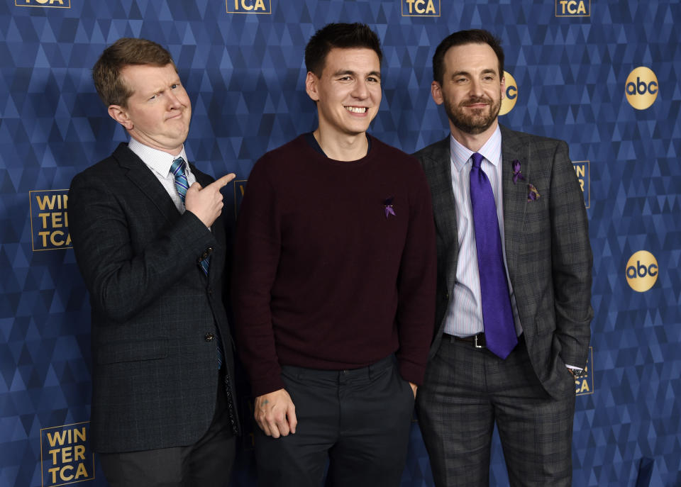 Ken Jennings, left, James Holzhauer, center, and Brad Rutter, cast members in the ABC television series 