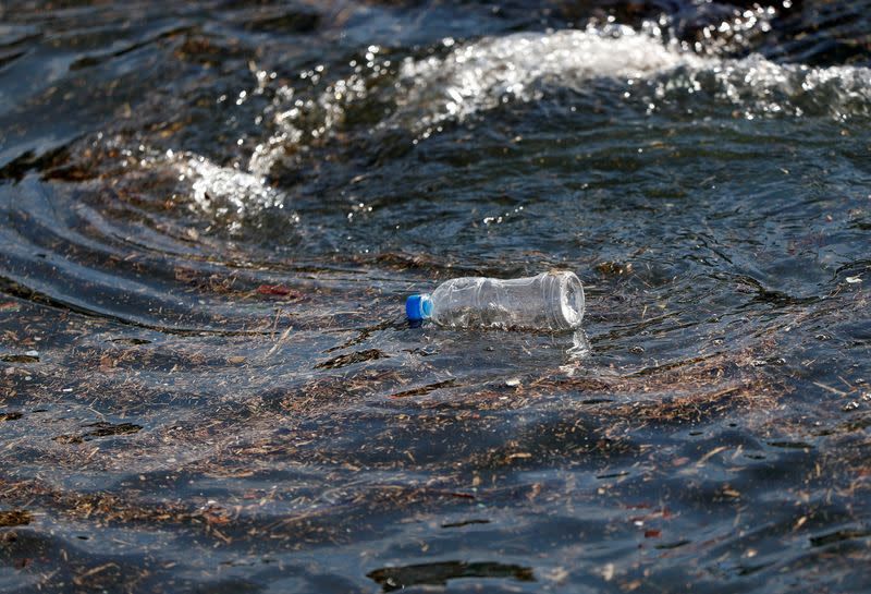 A plastic bottle drifts on the waves of the sea at a fishing port in Isumi