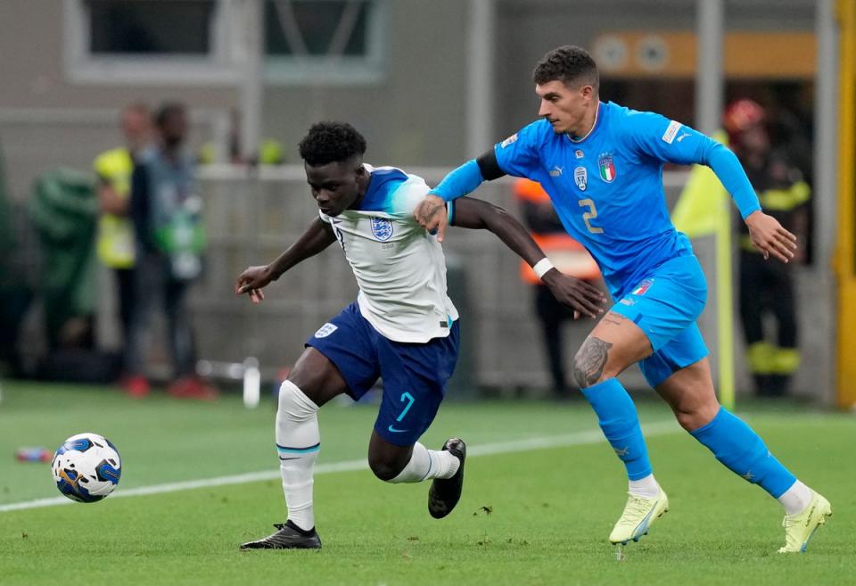 Bukayo Saka started out of position at left wing-back against Italy (Antonio Calanni/AP). (AP)