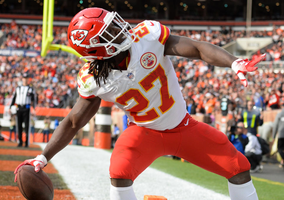 A video surfaced Friday of Kareem Hunt shoving and kicking a woman. The Chiefs responded by cutting their running back who won the rushing title last season. (Getty Images)