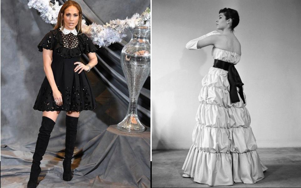 Baby doll dresses like this one worn by J-Lo (left) in 2018 are inspired by Balenciaga's original designs; on the right, a model wears a dress by Balenciage for a 1956 collection